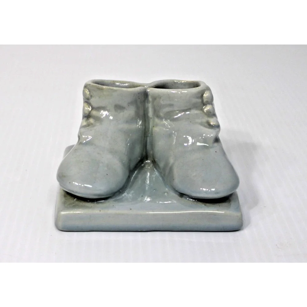 Vintage 1940s Haeger Blue Ceramic Baby Shoes Planter Nursery Decor Kitschy